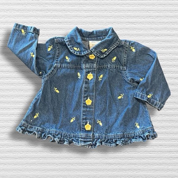 Vintage Y2K Old Navy Baby 12M Denim Jacket Embroidered Yellow Floral Ruffle Hem - Picture 1 of 7